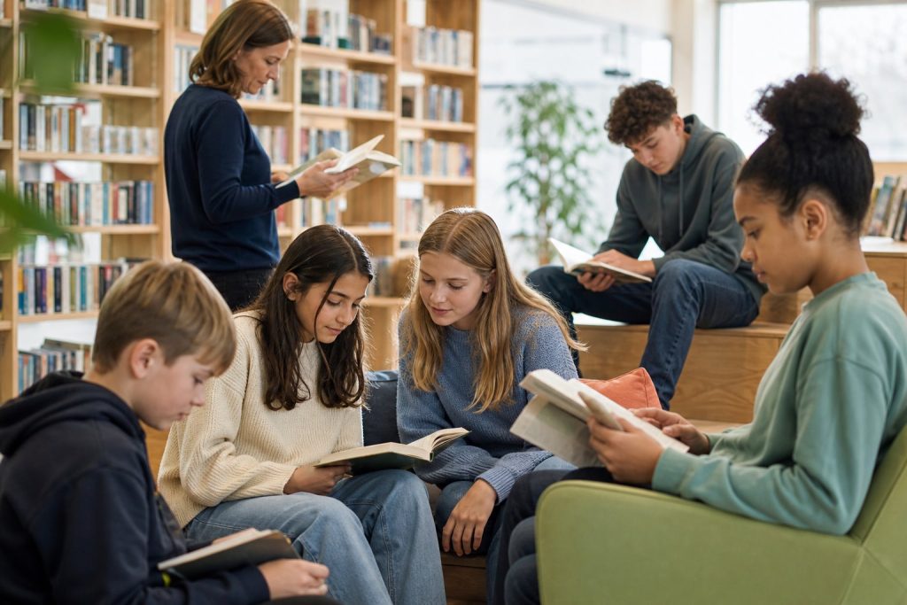 Børn og unge læser sammen i et skolebibliotek