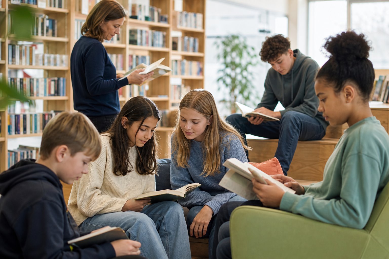 Børn og unge læser sammen i et skolebibliotek